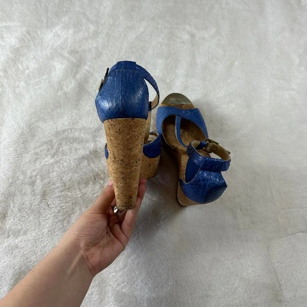 Jimmy Choo blue snake skin embossed leather platform cork wedge sandals y2k